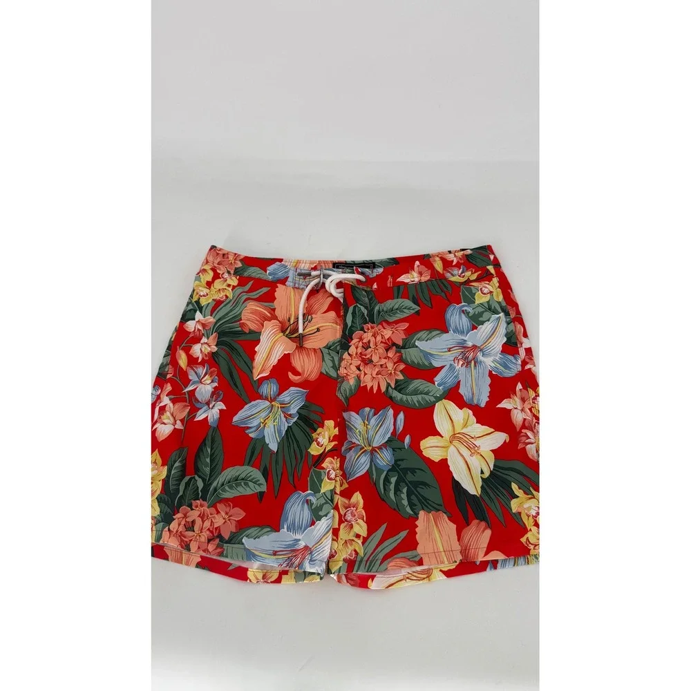 New Abercrombie Fitch Men Red Floral Swim Trunks Shorts Size 34 7 Inseam Stretch